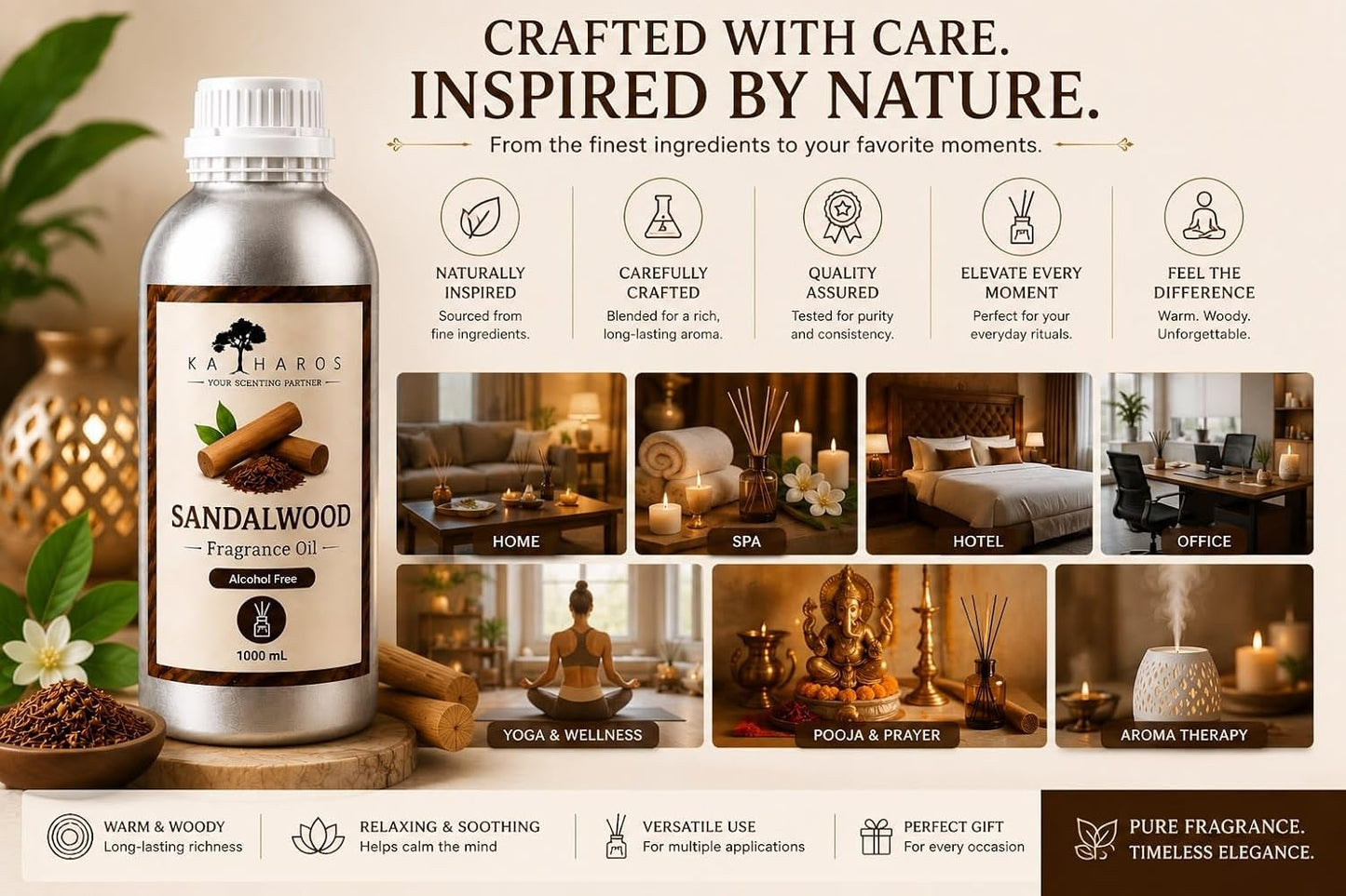 KATHAROS Sandalwood Diffuser Oil 1 Litre | Alcohol-Free Home Fragrance Oil for Reed Diffusers, Humidifiers & Aroma Diffusers | Long-Lasting Warm Woody Fragrance for Home, Office, Spa & Hotel Ambiance