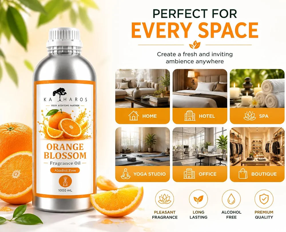 KATHAROS Orange Blossom Diffuser Oil 1 Litre | Alcohol-Free Home Fragrance Oil for Reed Diffusers, Humidifiers & Aroma Diffusers | Long-Lasting Fresh Citrus Aroma for Home, Office, Spa & Hotel Ambiance
