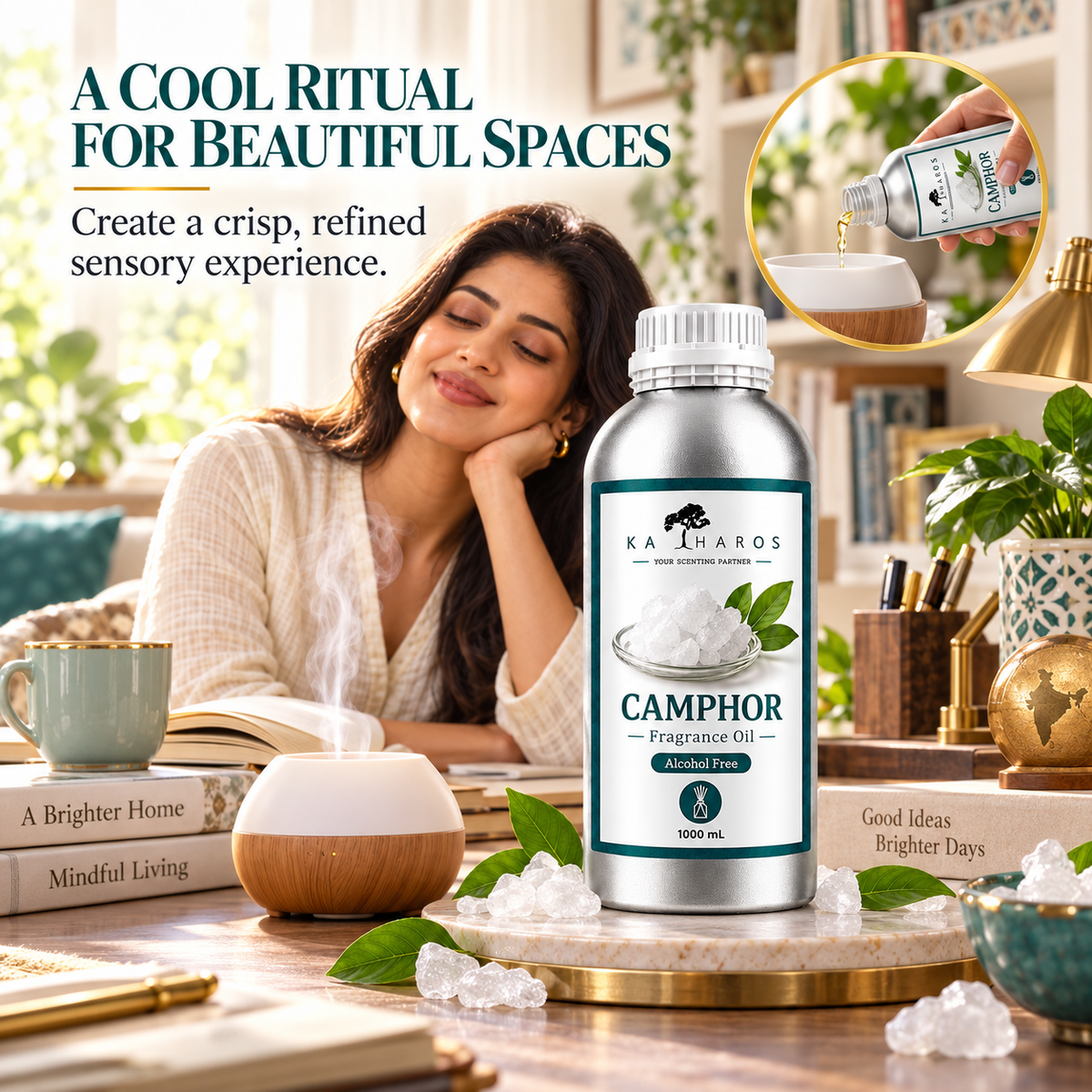 Katharos Camphor Fragrance Oil, 1 L fragrance oil bottle shown beside an aroma diffuser in a home setting.