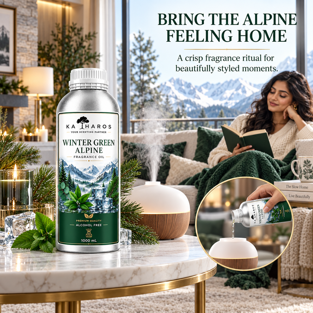 Katharos Wintergreen Fragrance Oil, 1 L fragrance oil bottle shown beside an aroma diffuser in a home setting.