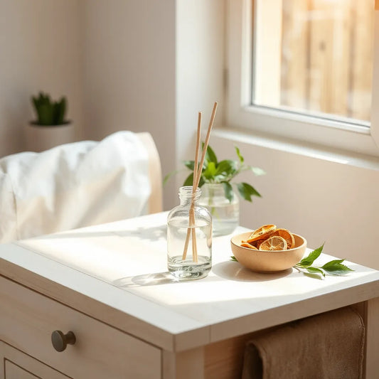 Natural air freshening items on a wooden table by a window with greenery and dried citrus peels