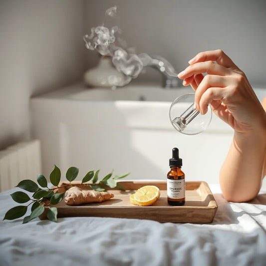Person holding a small herbal inhaler near their nose with natural ingredients on a bedside tray