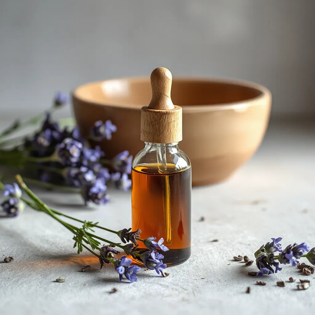 Glass bottle of lavender essential oil with fresh lavender sprigs on a warm, softly lit tabletop