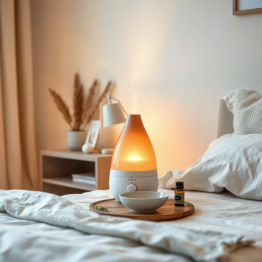Modern aroma humidifier on a bedside table releasing a soft mist for calmer indoor air