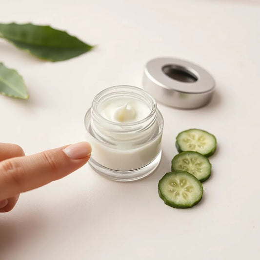Hydrating face cream jar with creamy texture and fresh aloe and cucumber accents on a clean background