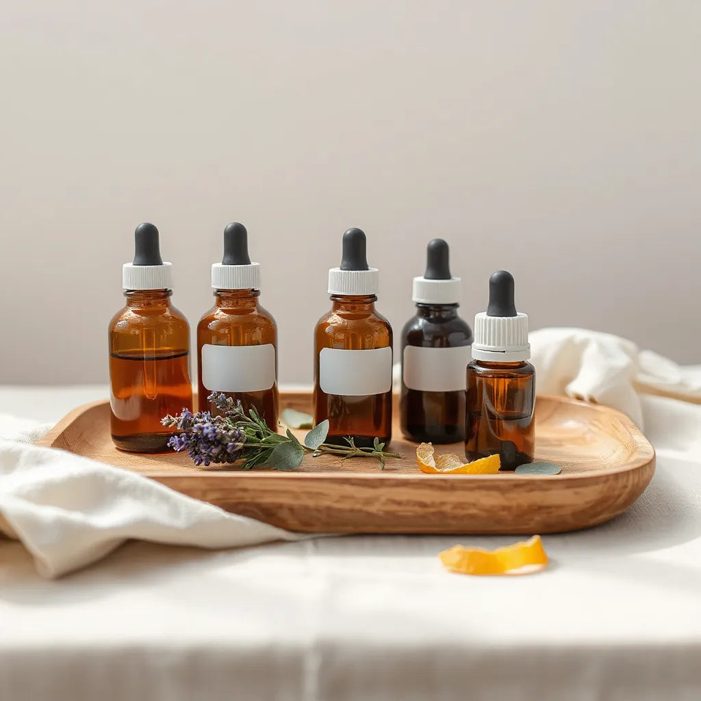 Amber essential oil dropper bottles with fresh botanicals on a wooden tray in warm natural light