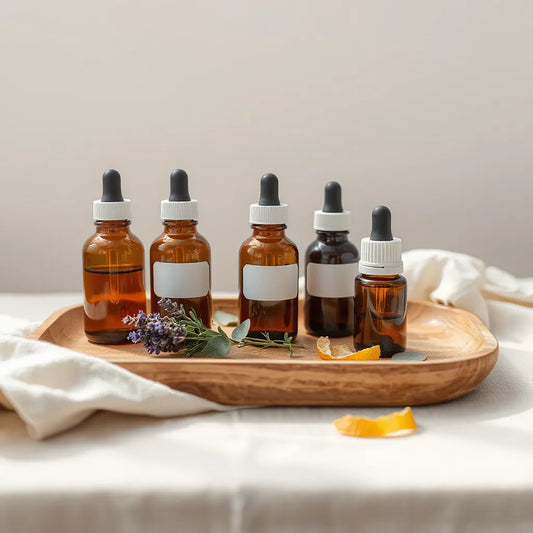 Amber essential oil dropper bottles with fresh botanicals on a wooden tray in warm natural light