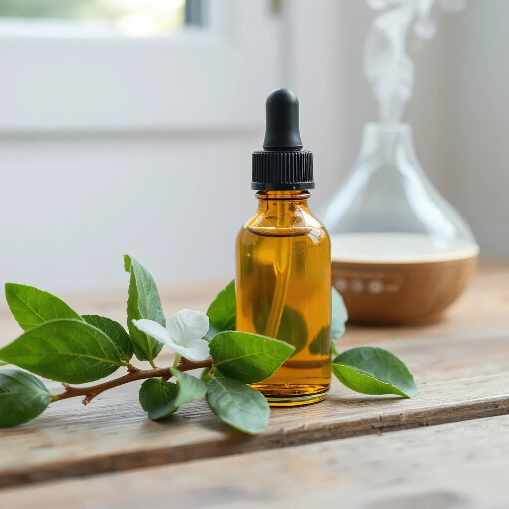 Glass bottle of soothing eucalyptus oil beside fresh leaves with a diffuser releasing gentle mist