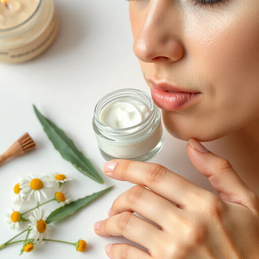 Gentle natural cream being applied to calm skin with chamomile and aloe on a minimal background