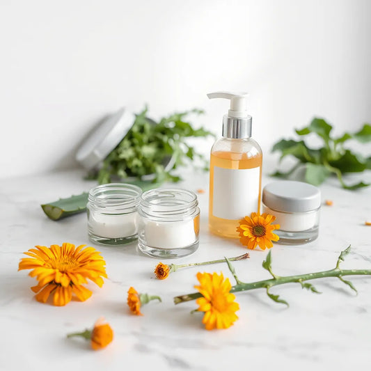 Organic skincare jars and a pump bottle with aloe leaves and calendula flowers on a light marble surface