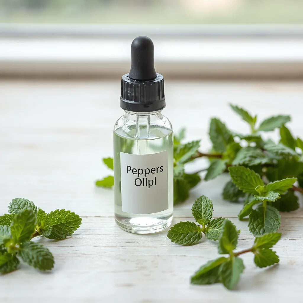Glass dropper bottle of clear peppermint essential oil with fresh peppermint leaves on light wood