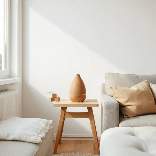 Modern woody aroma diffuser on a light wood table with soft mist in a bright living room