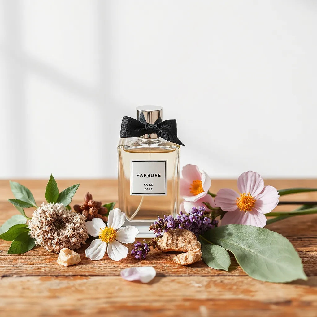 Perfume bottle beside natural flowers and fragrance ingredients on a clean wooden surface