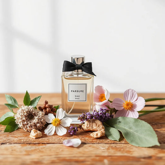 Perfume bottle beside natural flowers and fragrance ingredients on a clean wooden surface