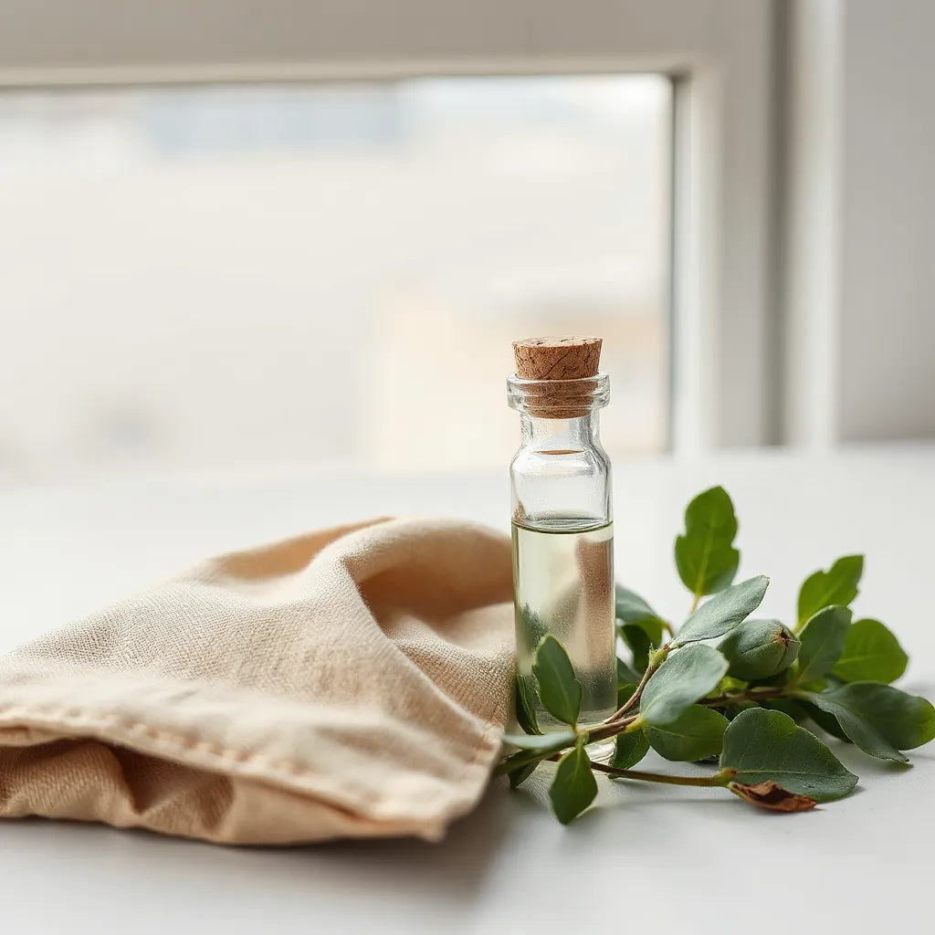 Small herbal inhaler vial with fresh green herbs on a neutral background for easier breathing support.