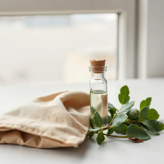 Small herbal inhaler vial with fresh green herbs on a neutral background for easier breathing support.