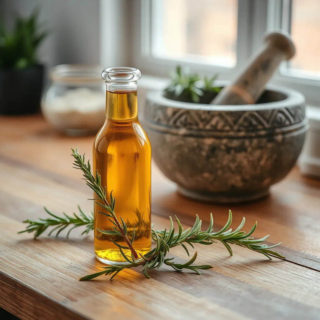 Amber therapeutic rosemary oil in a glass bottle with fresh rosemary sprigs on a wooden surface