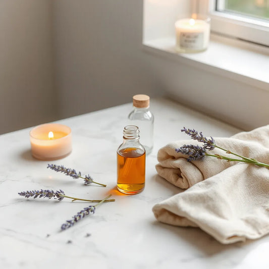Amber essential oil bottles with lavender sprigs on a marble countertop beside a warm candle