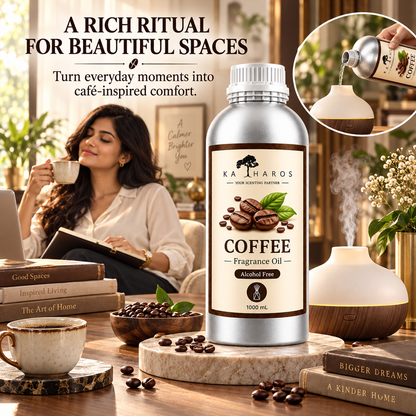 Katharos Coffee Fragrance Oil, 1 L fragrance oil bottle shown beside an aroma diffuser in a home setting.