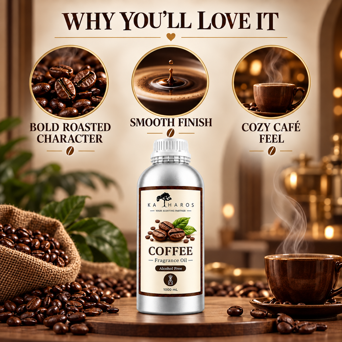 Katharos Coffee Fragrance Oil, 1 L bottle with fragrance character illustrations.