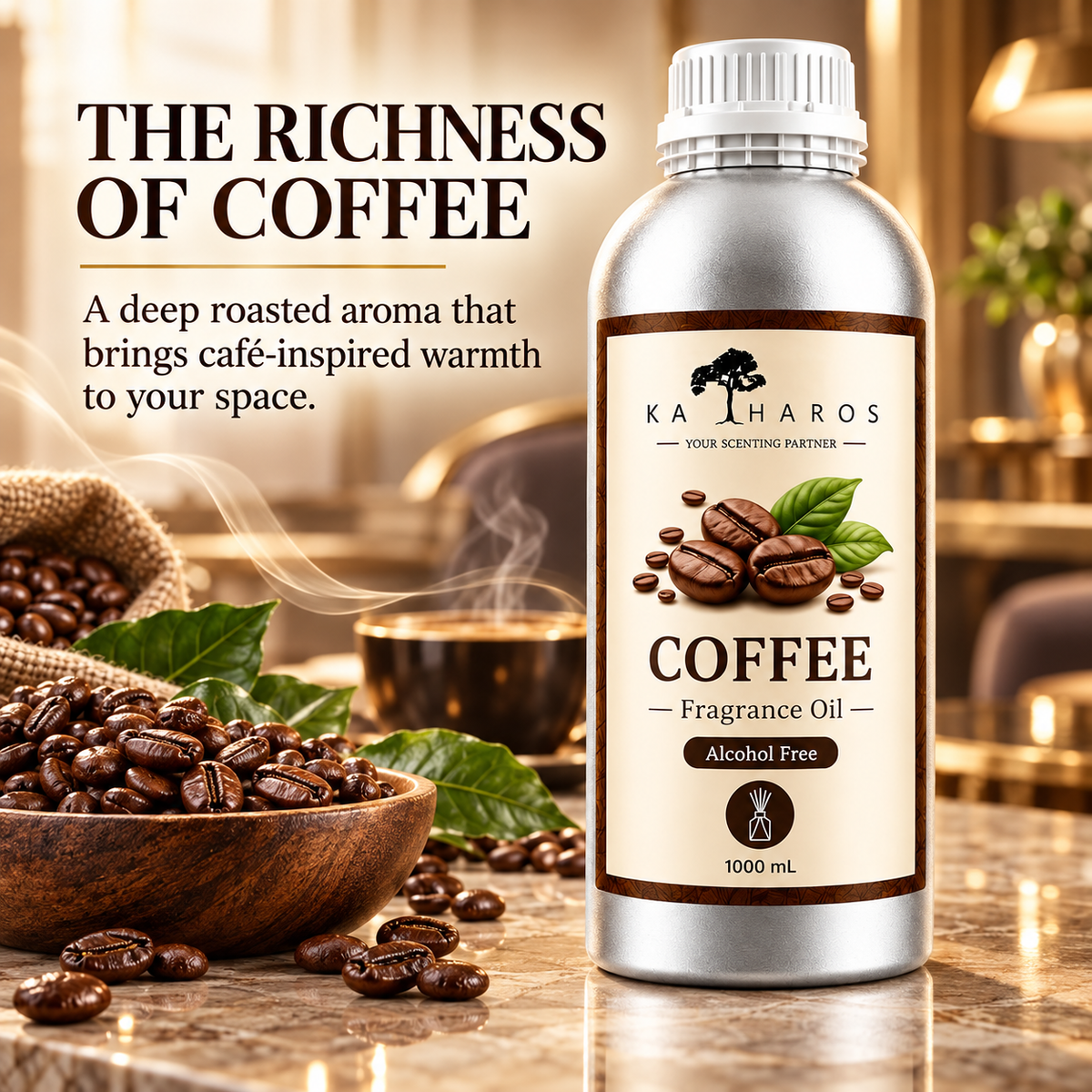 Katharos Coffee Fragrance Oil, 1 L bottle with a visual description of its scent.