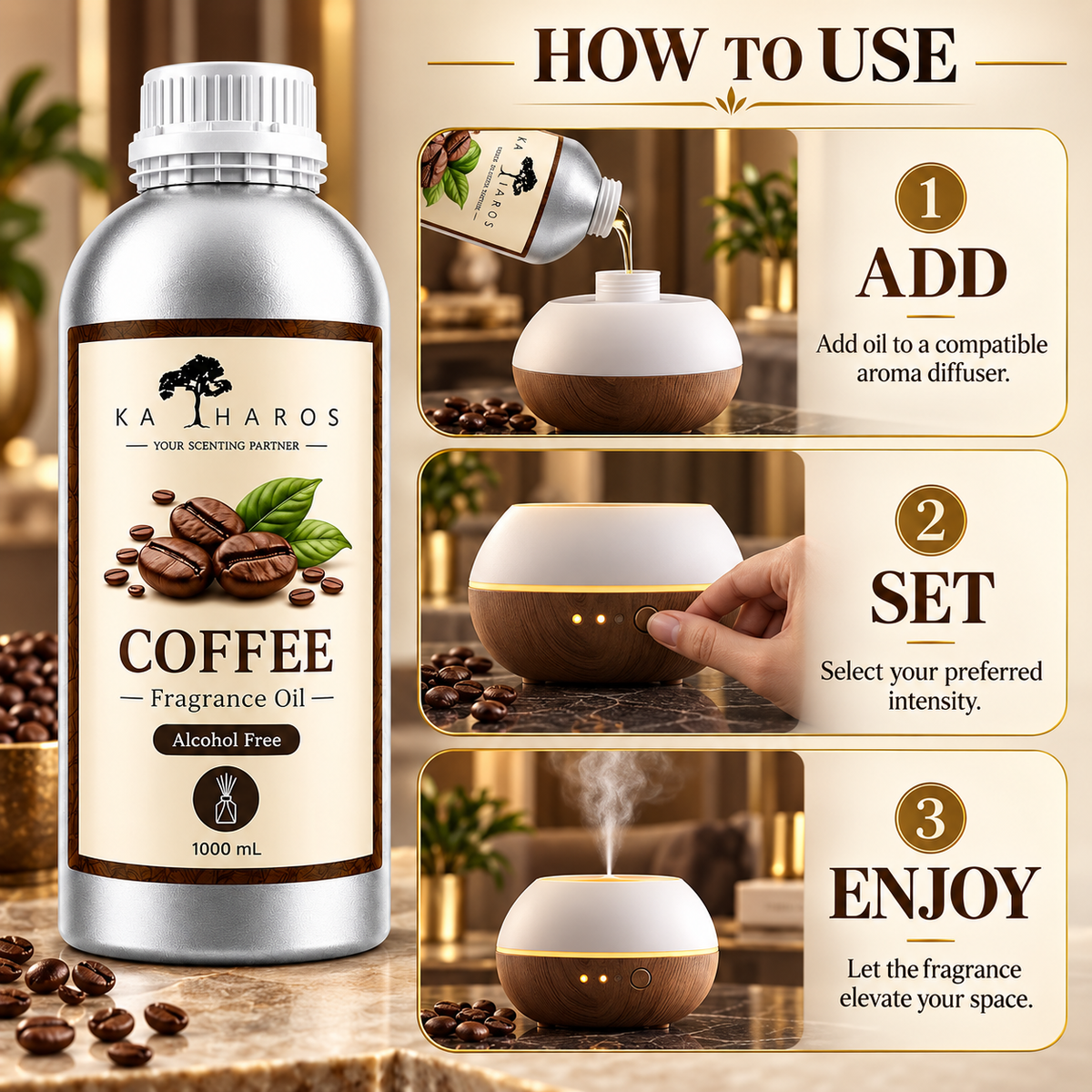 Katharos Coffee Fragrance Oil, 1 L bottle with instructions for use in a compatible aroma diffuser.