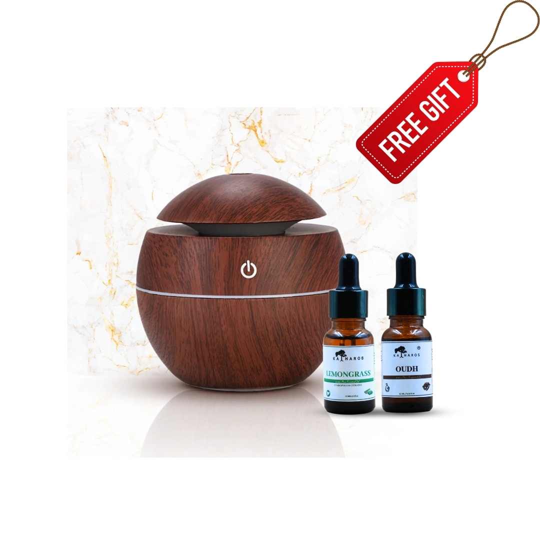 Katharos Ultrasonic Wooden Globe Aroma Diffuser (Portable with USB cord) + Oudh Diffuser Oil 15 mL + Lemongrass Diffuser Oil 15 mL Complimentary