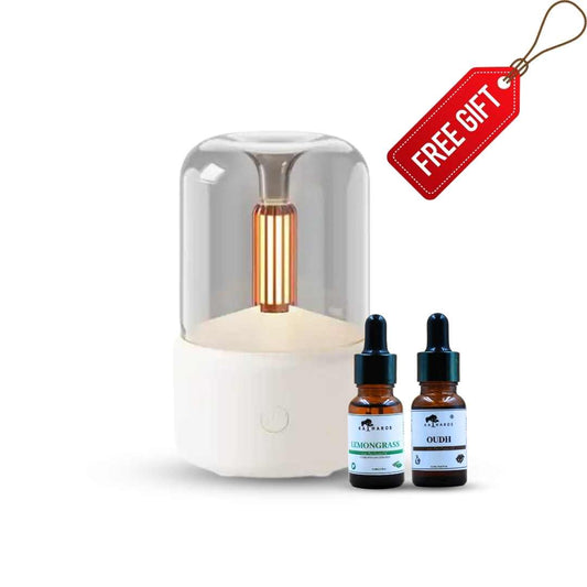 KATHAROS PORTABLE CANDLE LIGHT AROMA HUMIDIFIER | LED Nightlight | Oudh Diffuser Oil 15 mL + Lemongrass Diffuser Oil 15 mL Complimentary