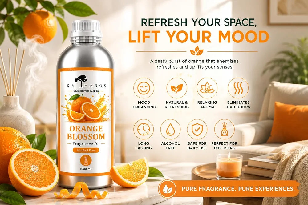 KATHAROS Orange Blossom Diffuser Oil 1 Litre | Alcohol-Free Home Fragrance Oil for Reed Diffusers, Humidifiers & Aroma Diffusers | Long-Lasting Fresh Citrus Aroma for Home, Office, Spa & Hotel Ambiance