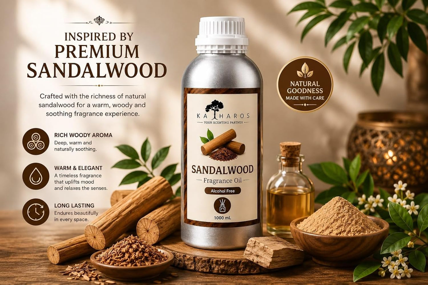 KATHAROS Sandalwood Diffuser Oil 1 Litre | Alcohol-Free Home Fragrance Oil for Reed Diffusers, Humidifiers & Aroma Diffusers | Long-Lasting Warm Woody Fragrance for Home, Office, Spa & Hotel Ambiance