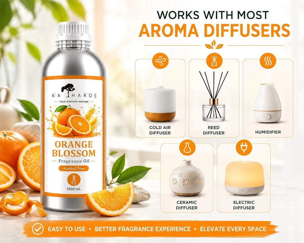 KATHAROS Orange Blossom Diffuser Oil 1 Litre | Alcohol-Free Home Fragrance Oil for Reed Diffusers, Humidifiers & Aroma Diffusers | Long-Lasting Fresh Citrus Aroma for Home, Office, Spa & Hotel Ambiance