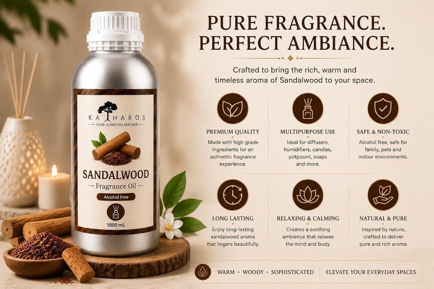 KATHAROS Sandalwood Diffuser Oil 1 Litre | Alcohol-Free Home Fragrance Oil for Reed Diffusers, Humidifiers & Aroma Diffusers | Long-Lasting Warm Woody Fragrance for Home, Office, Spa & Hotel Ambiance
