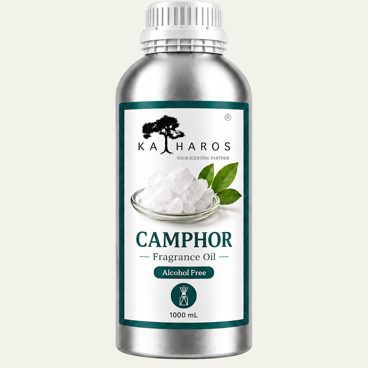 Katharos Camphor Fragrance Oil, 1 L bottle on a light background.