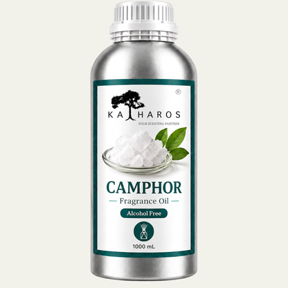 Katharos Camphor Fragrance Oil, 1 L bottle on a light background.