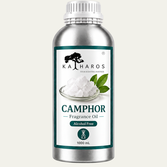 Katharos Camphor Fragrance Oil, 1 L bottle on a light background.