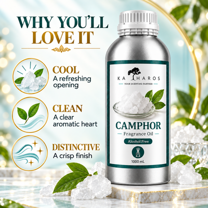 Katharos Camphor Fragrance Oil, 1 L bottle with fragrance character illustrations.
