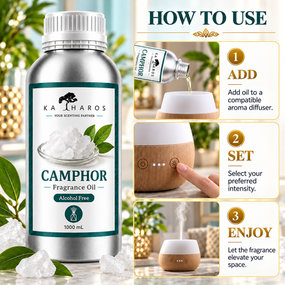 Katharos Camphor Fragrance Oil, 1 L bottle with instructions for use in a compatible aroma diffuser.