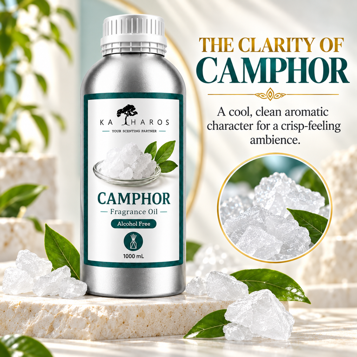 Katharos Camphor Fragrance Oil, 1 L bottle with a visual description of its scent.