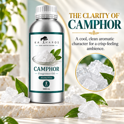 Katharos Camphor Fragrance Oil, 1 L bottle with a visual description of its scent.