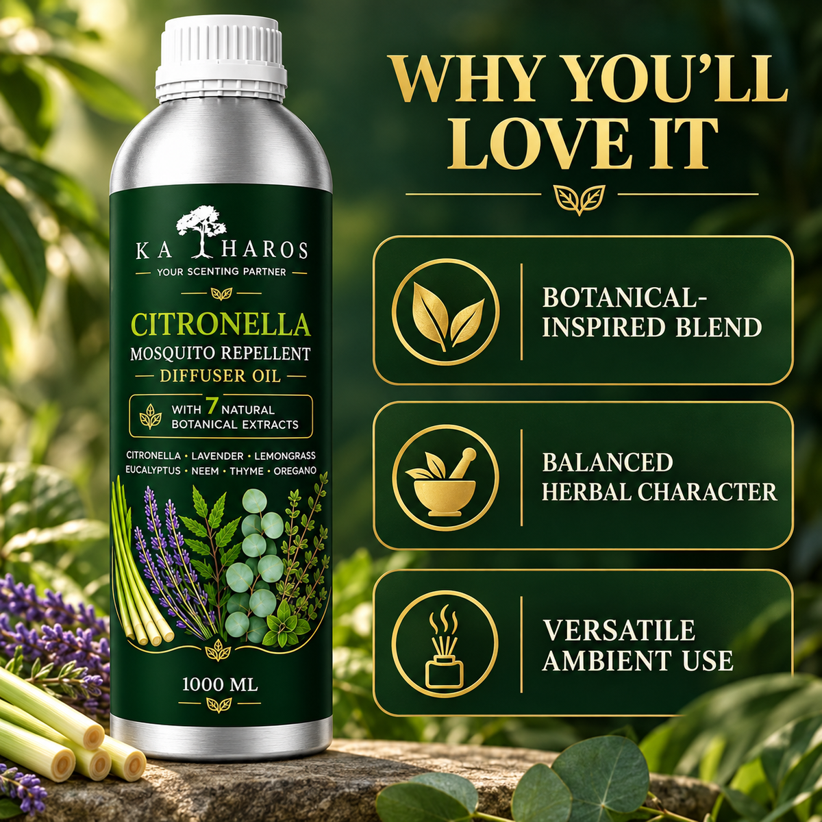Katharos Citronella Mosquito Repellent Fragrance Oil, 1 L bottle with fragrance character illustrations.