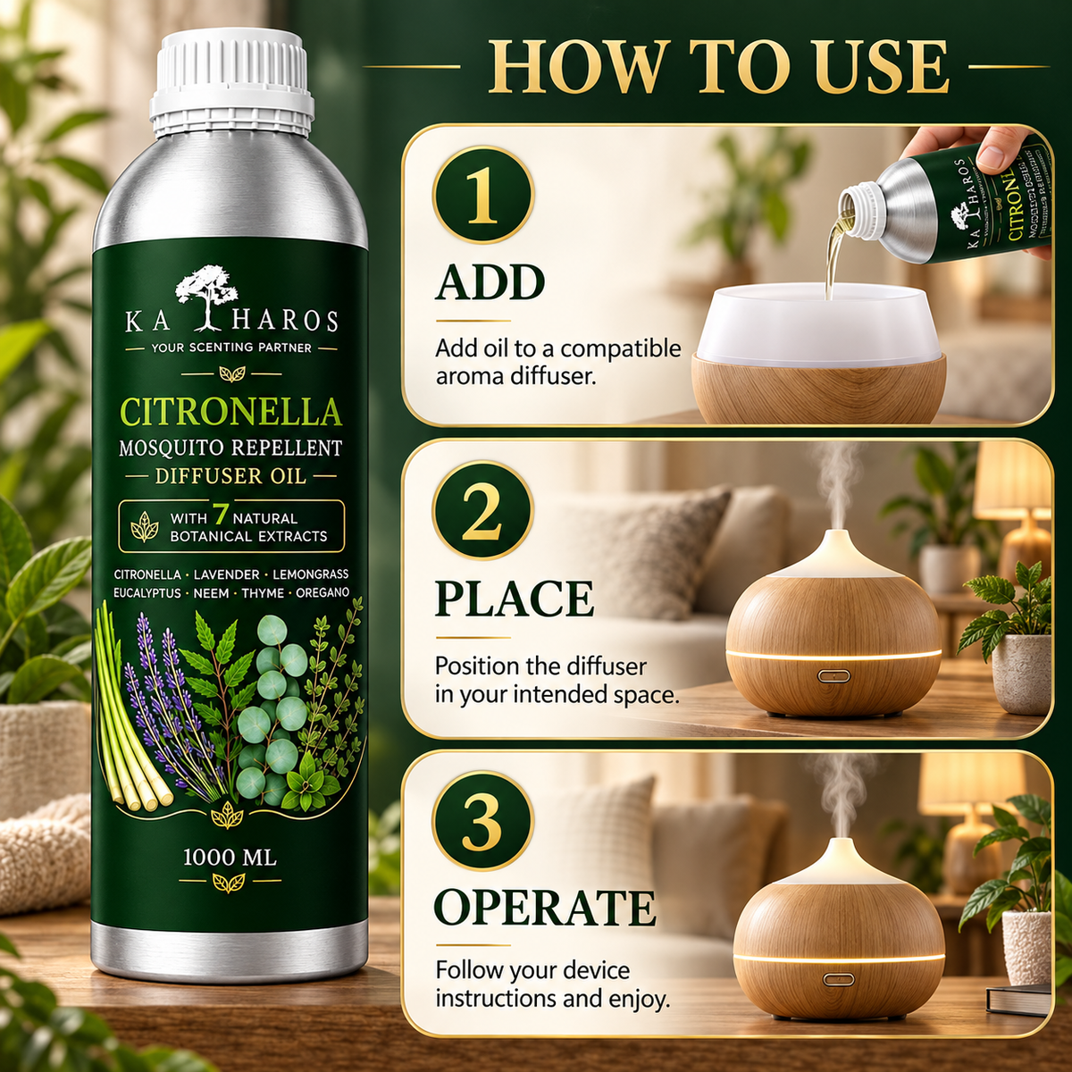 Katharos Citronella Mosquito Repellent Fragrance Oil, 1 L bottle with instructions for use in a compatible aroma diffuser.