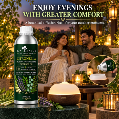 Katharos Citronella Mosquito Repellent Fragrance Oil, 1 L bottle beside an aroma diffuser in an outdoor seating area.