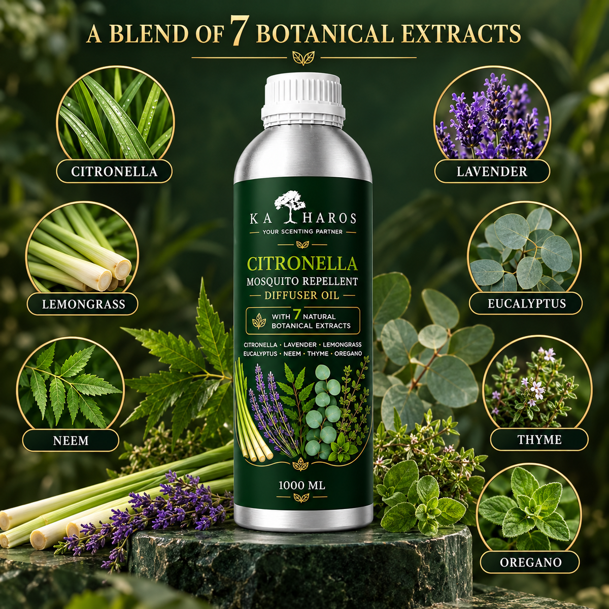 Katharos Citronella Mosquito Repellent Fragrance Oil, 1 L bottle with a visual description of its scent.