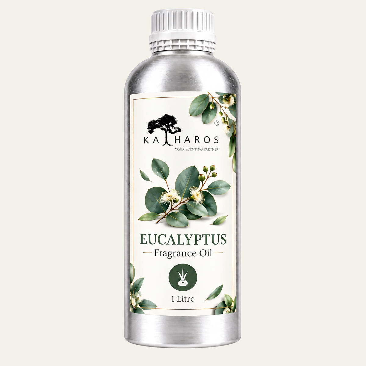 Katharos Eucalyptus Fragrance Oil, 1 L bottle on a light background.