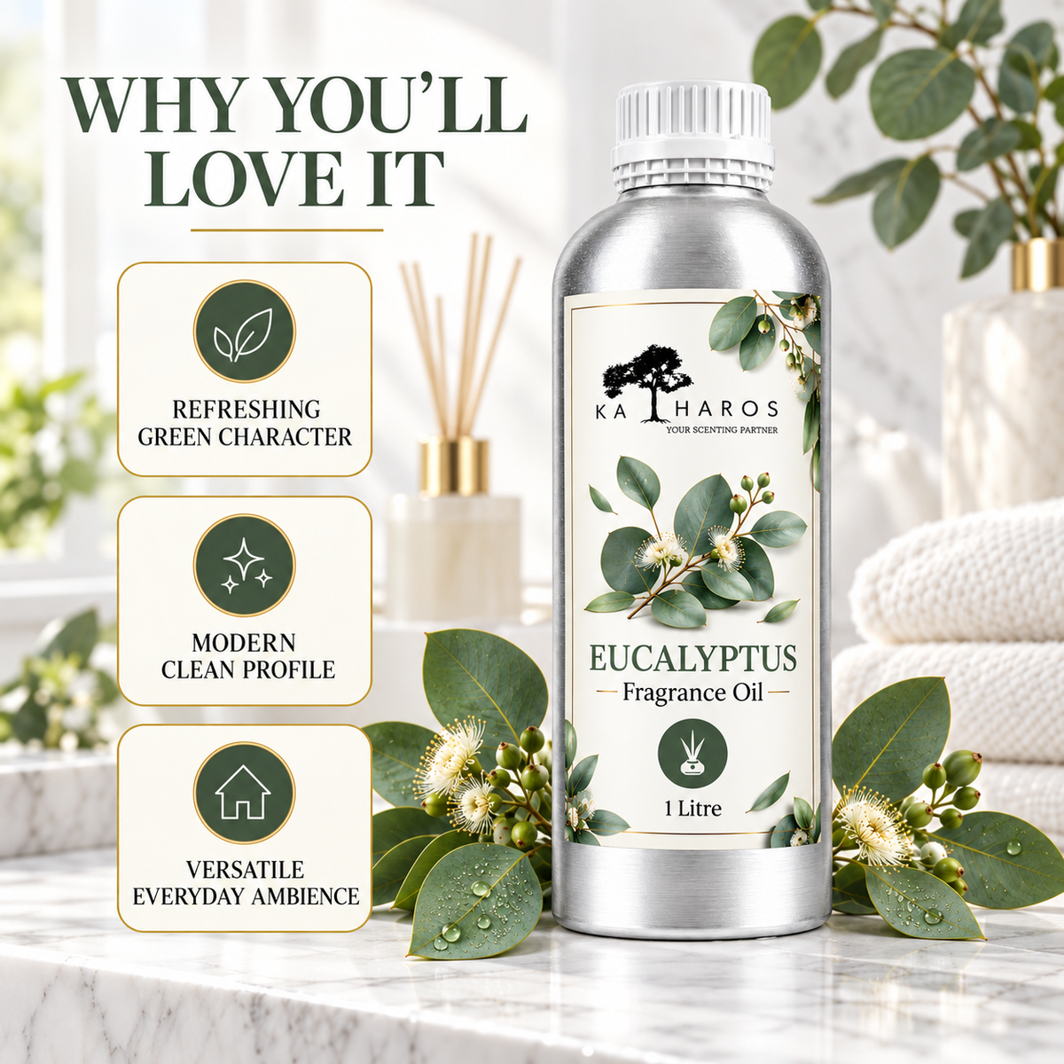 Katharos Eucalyptus Fragrance Oil, 1 L bottle with fragrance character illustrations.