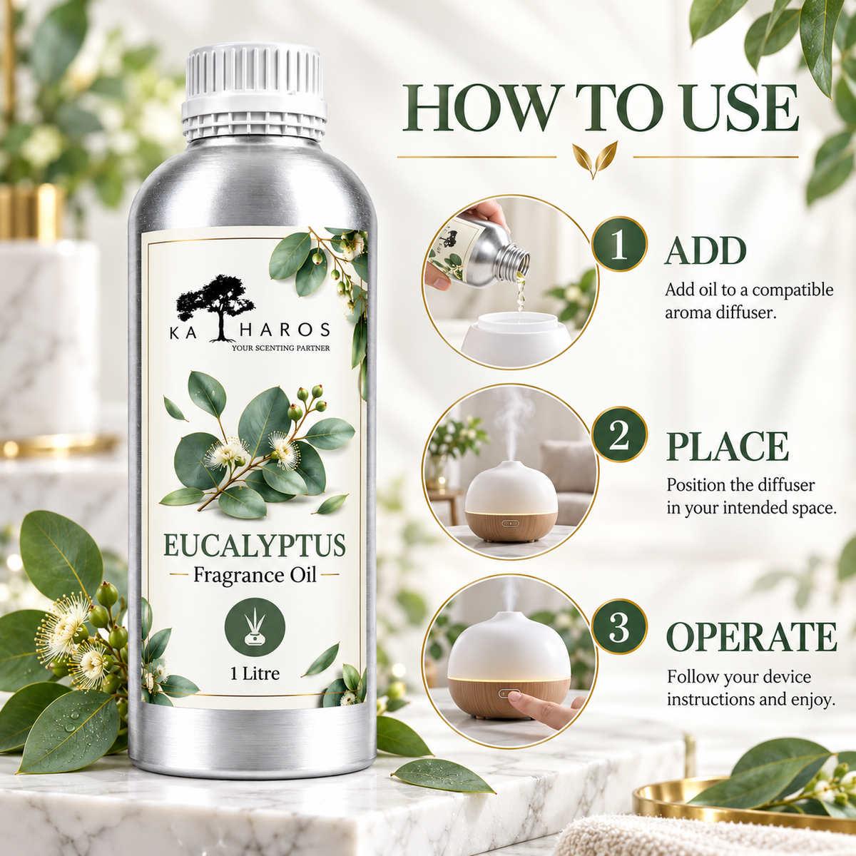 Katharos Eucalyptus Fragrance Oil, 1 L bottle with instructions for use in a compatible aroma diffuser.