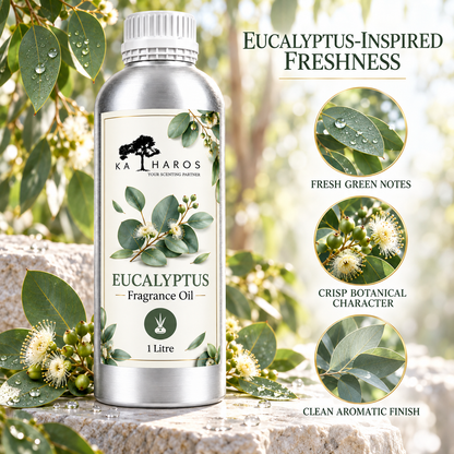 Katharos Eucalyptus Fragrance Oil, 1 L bottle with a visual description of its scent.