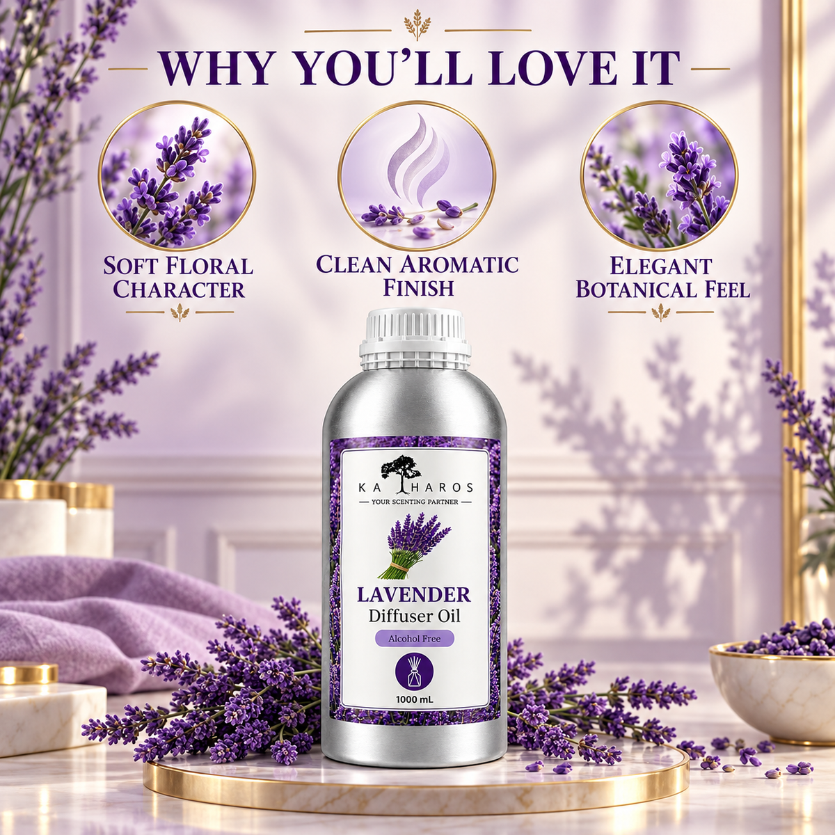 Katharos French Lavender Fragrance Oil, 1 L bottle with fragrance character illustrations.