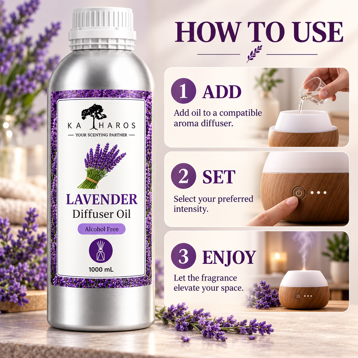 Katharos French Lavender Fragrance Oil, 1 L bottle with instructions for use in a compatible aroma diffuser.