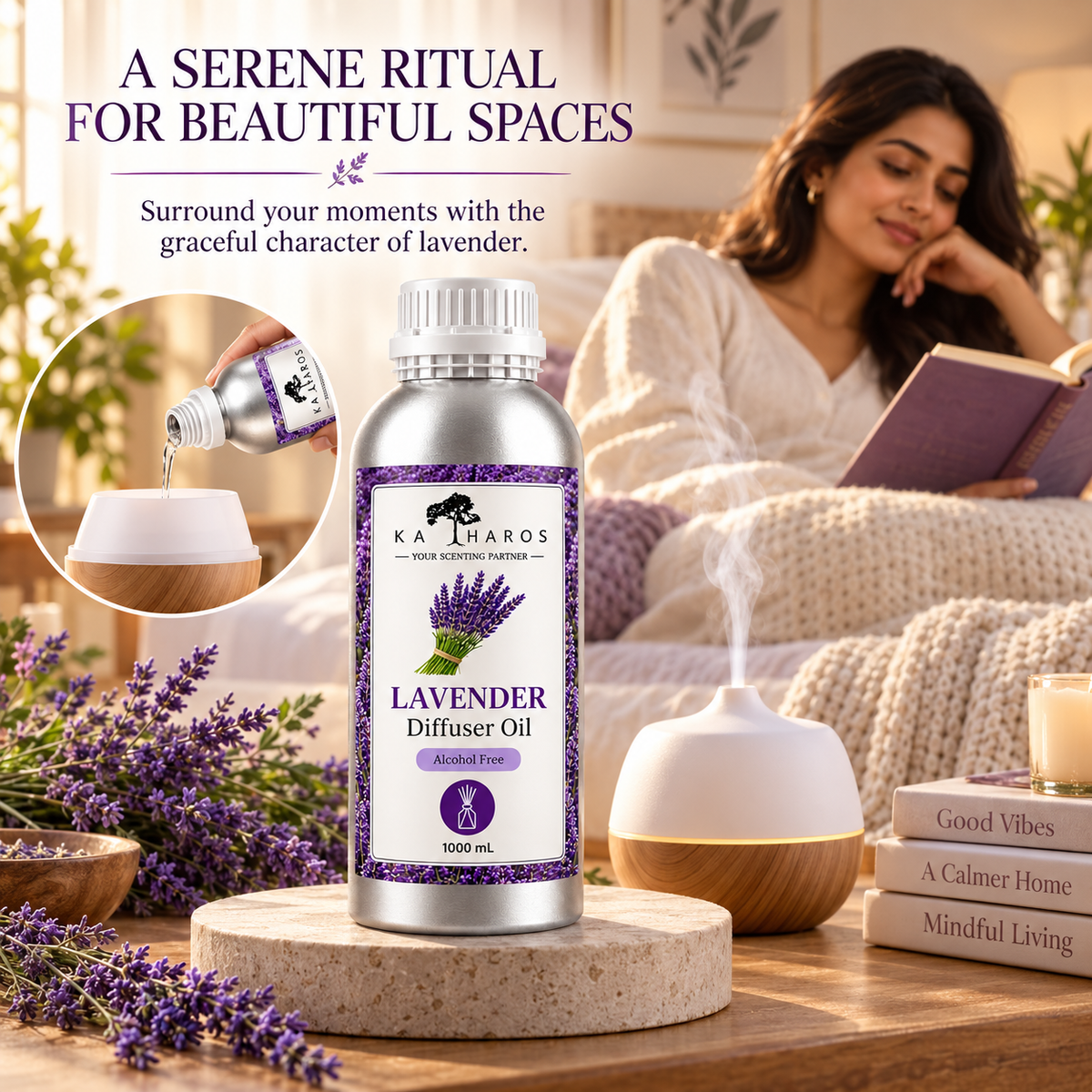 Katharos French Lavender Fragrance Oil, 1 L fragrance oil bottle shown beside an aroma diffuser in a home setting.